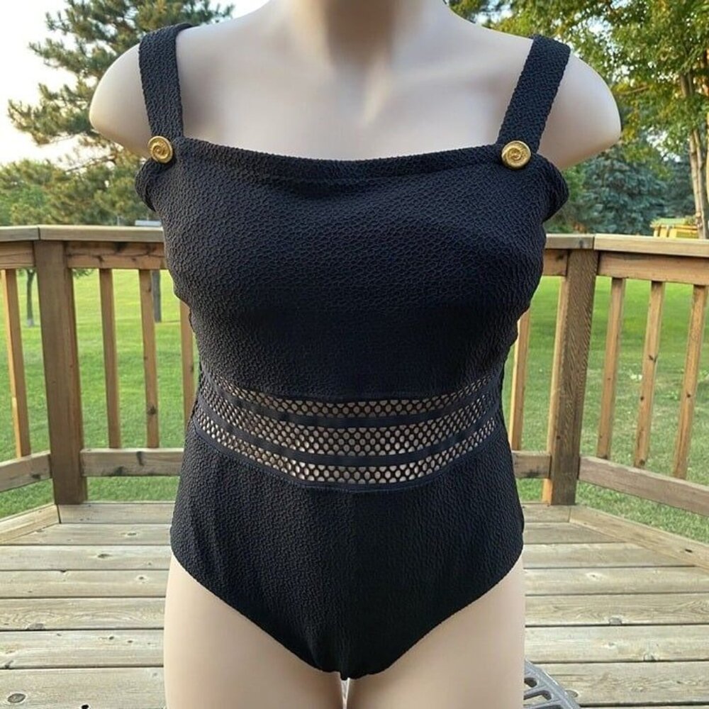 Catalina One Piece Swimsuit Sz 20W Plus Black Crochet Waist Goldtone Btn Vtg 90s - Picture 8 of 11